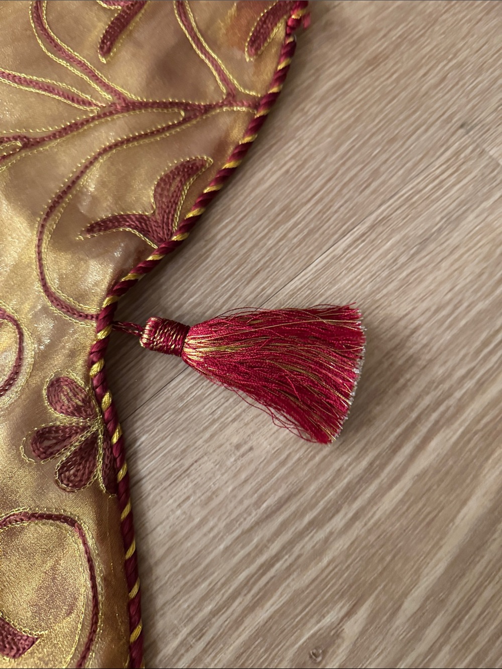 Gold and Burgundy Quilted Tree Skirt with Tassels - Picture 5 of 11